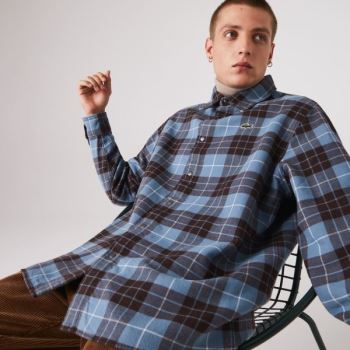 Lacoste LIVE Checked Flannel Lined Oversized Shirt Pánské - Šortky Blankyt / Hnědé | CZ-TAgpFe